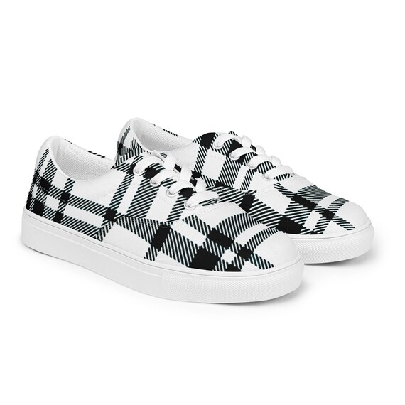 Men's Canvas Lace Up Vans Style Sneakers with Graphic Checkered Print in White Grey, Unique Tie Sneakers Great Xmas Gift Ideas Men