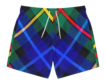 Quick drying Board Shorts Blue Green Tartan Plaid Print