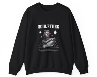 Retro Vaporwave Sculpture Graphic Crewneck Sweatshirt | Statue Grid Aesthetic