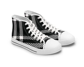 WOMEN'S Black White Plaid Print High Top canvas Sneakers