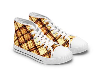 WOMEN'S Brown Plaid Print High Top canvas Sneakers
