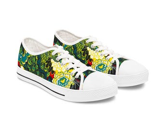 WOMEN'S Japanese Floral Print Low Top Sneakers | Lightweight Non-Leather Travel Shoes