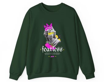 Fearless Statue Graffiti Crewneck Sweatshirt | Neon Pink Crown, Street Art Typography