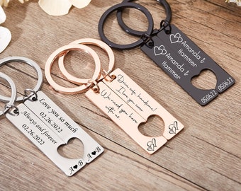Custom Couple Keychain Set Heart, Personalised 2 Pcs Matching Keyring, Gift for Boyfriend, Engraved Keychain with Name, Couple Gift Keyring