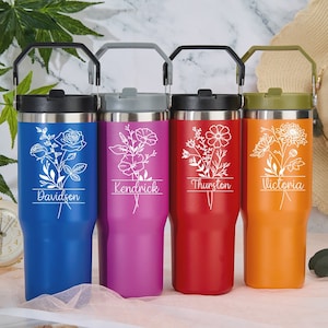 Personalized Water Bottle,Custom Birth Flower Tumbler,Bridesmaid Gifts for Her,Engraved Travel Bottle,Wedding Water Bottle,Mens Drink Bottle