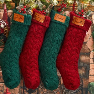 2024 Family Christmas Stockings, Personalized Leather Patch Christmas Stockings, Knitted Christmas Stockings with Name, Holiday Stockings