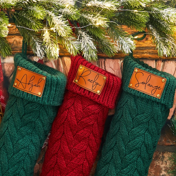 Personalisierte Weihnachtsstrümpfe,Leder Aufnäher Strümpfe,gestrickte Strümpfe,Benutzerdefinierte Familienstrümpfe mit Namen,Feiertagsstrumpf,Weihnachtsgeschenk