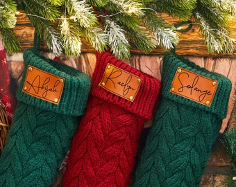 Personalised Christmas Stockings,Leather Patch Stockings,Knitted Stockings,Custom Family Stockings with Name,Holiday Stocking,Christmas Gift