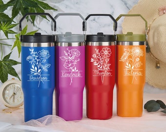 Personalized Water Bottle,Custom Birth Flower Tumbler,Bridesmaid Gifts for Her,Engraved Travel Bottle,Wedding Water Bottle,Mens Drink Bottle