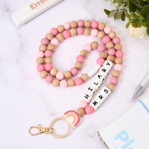 Personalized BOHO Rainbow Lanyard for Teachers,Badge Holder,Teacher Gift for Her,Lanyard with name,Personalized Gifts,Wooden Bead Lanyard