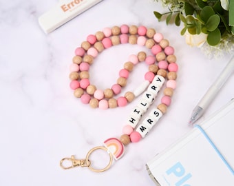 Laccetto porta badge arcobaleno BOHO personalizzato per insegnanti, regalo per insegnanti, laccetto con nome, regali personalizzati, laccetto con perline di legno