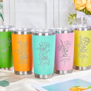 Personalized Birth Flower Tumbler, 20 oz Tumbler, Custom Name Travel Mug, Gifts for Her, Mother&#39;s Day Gift,Bridesmaid Gift,Insulated Tumbler