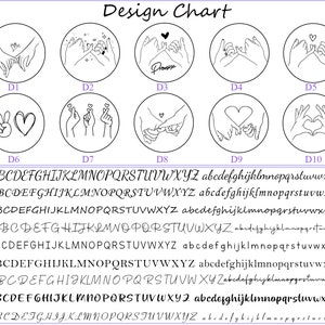 May include: Design chart with ten different hand-drawn designs for a wax seal stamp. Each design is labeled with a letter and number, such as D1, D2, D3, etc. Below the designs, there are nine different font options for the text on the wax seal stamp. Each font option is labeled with a number, such as Font 1, Font 2, Font 3, etc. The font options include uppercase and lowercase letters, numbers, and symbols.