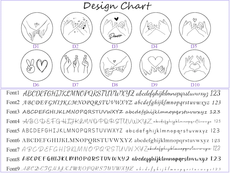 May include: Design chart with ten different hand-drawn designs for a wax seal stamp. Each design is labeled with a letter and number, such as D1, D2, D3, etc. Below the designs, there are nine different font options for the text on the wax seal stamp. Each font option is labeled with a number, such as Font 1, Font 2, Font 3, etc. The font options include uppercase and lowercase letters, numbers, and symbols.
