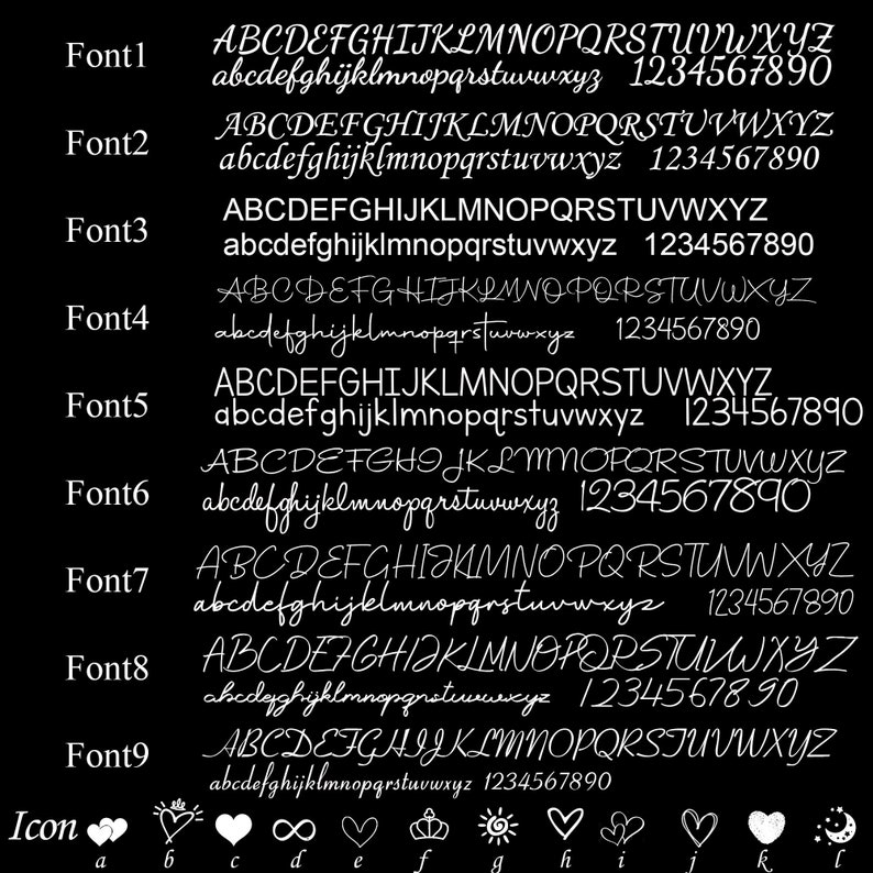 May include: A black and white image showing nine different fonts with uppercase and lowercase letters, numbers, and symbols. The fonts are labeled Font 1 through Font 9. Below the fonts is a row of icons, including a heart, a crown, a sun, and a moon.