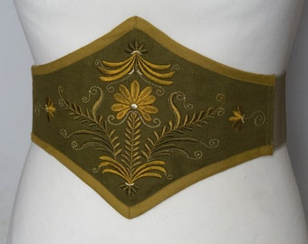 Yellow/mustard green embroidered linen waist cincher belt