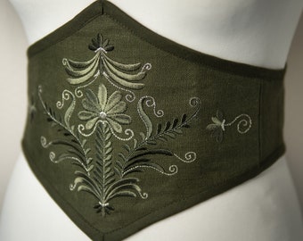 Khaki green embroidered linen waist cincher