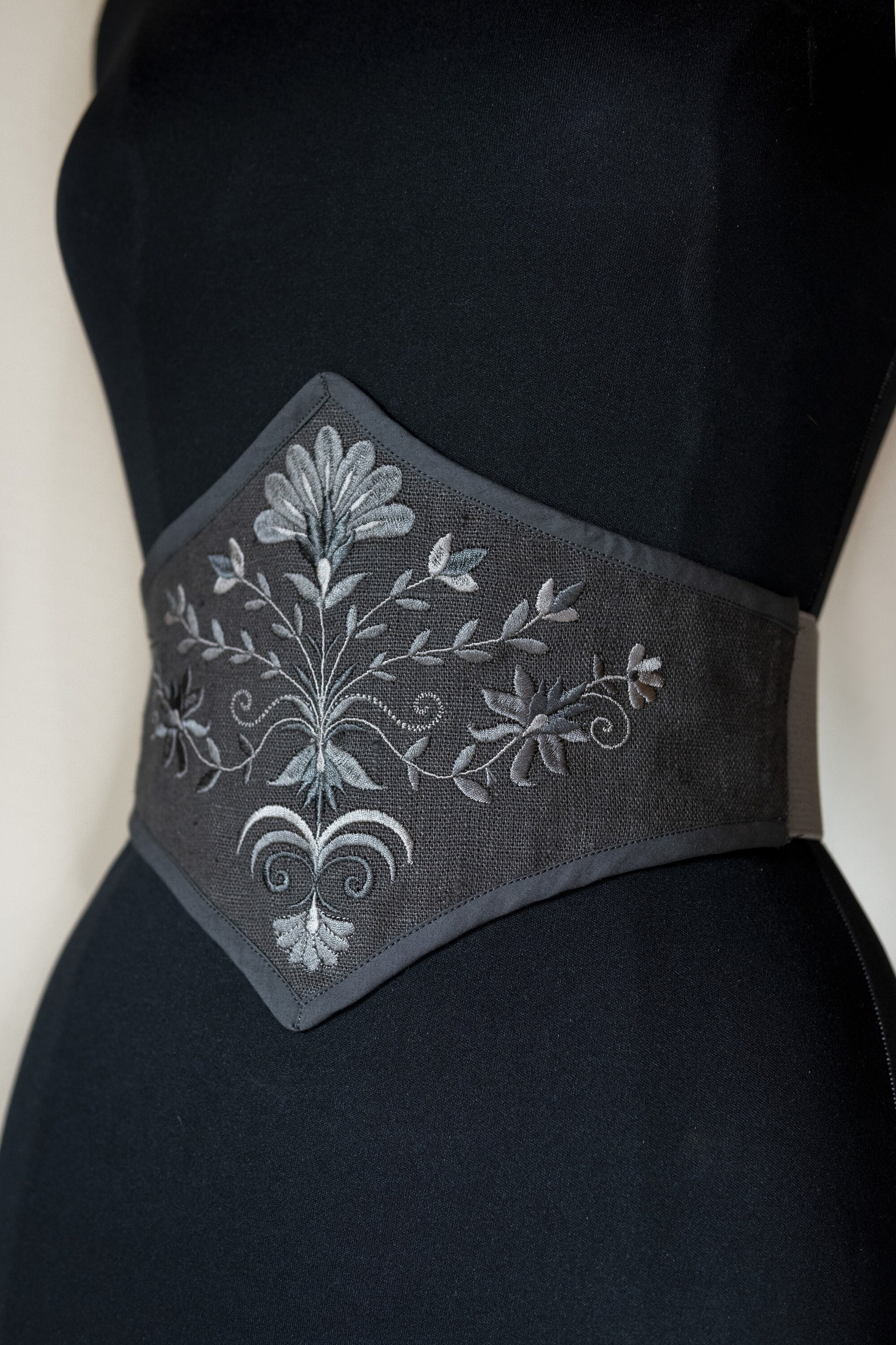 Embroidered Gray Linen Waist Cincher Belt Etsy
