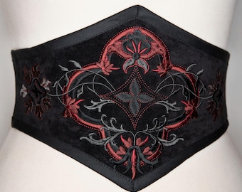 Ceinture corset brodée en velours rouge et noir