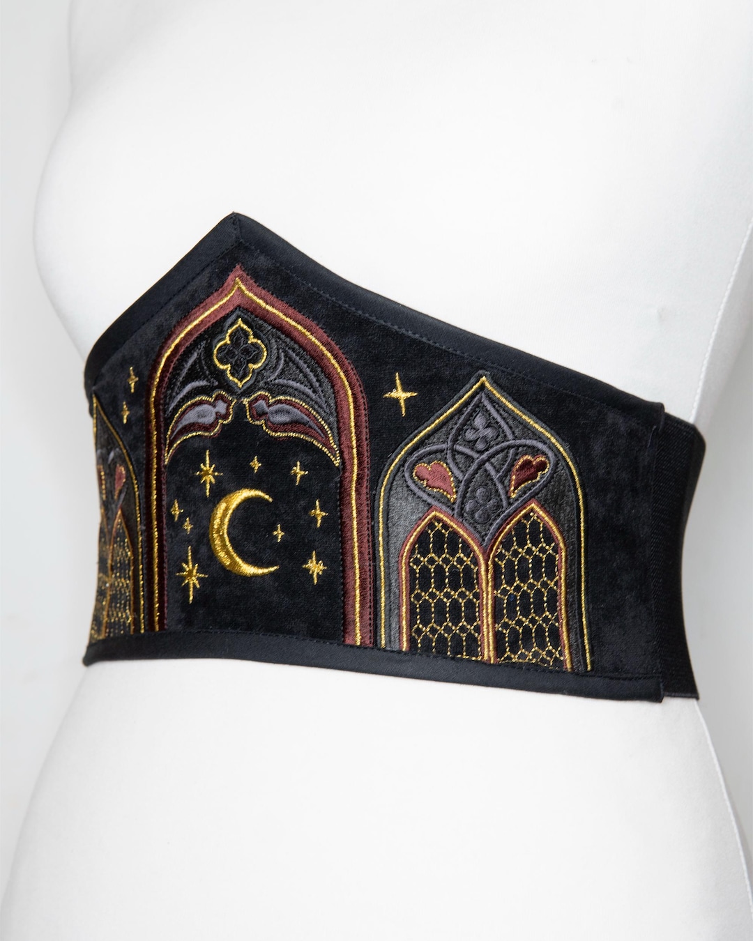 Black red gold embroidered velvet corset belt moon stars