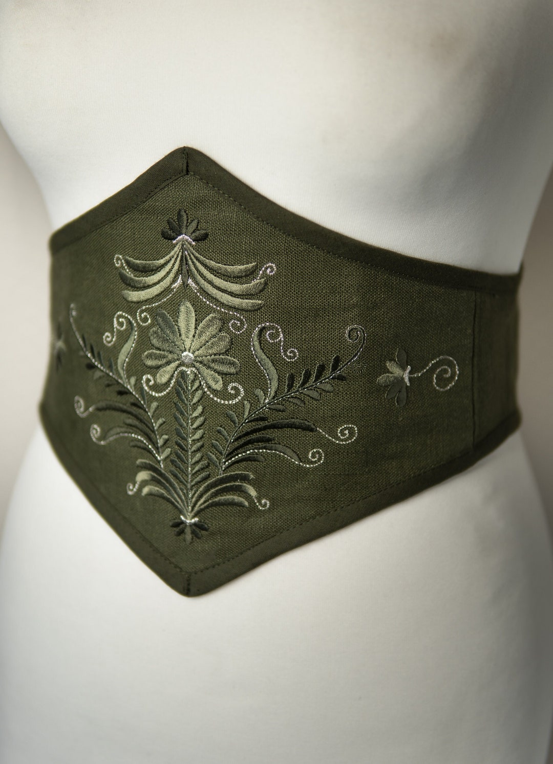Khaki green embroidered linen waist cincher