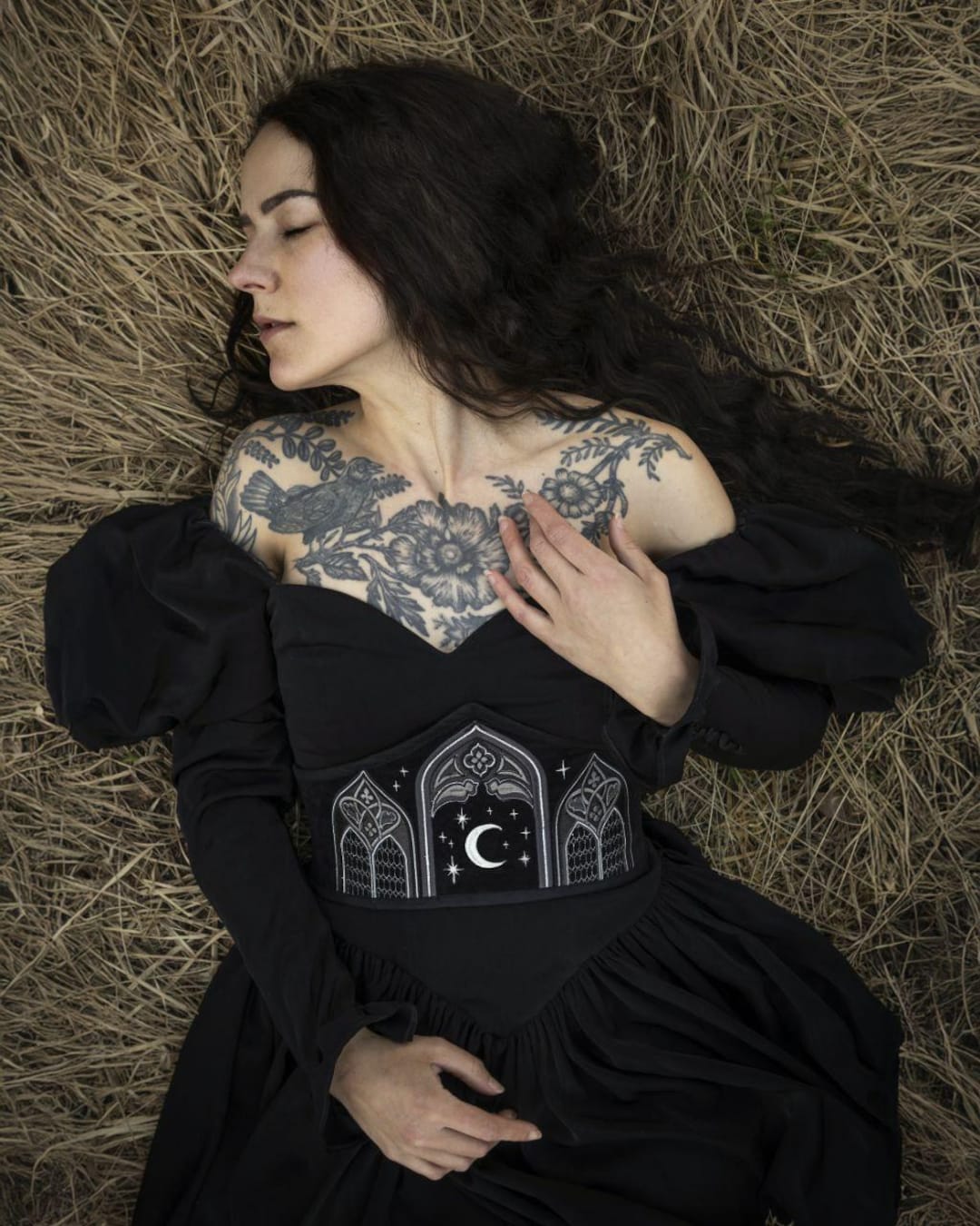 Black embroidered velvet corset belt with silver moon and stars