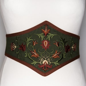 Ceinture corset en lin brodé Vert et cuivre