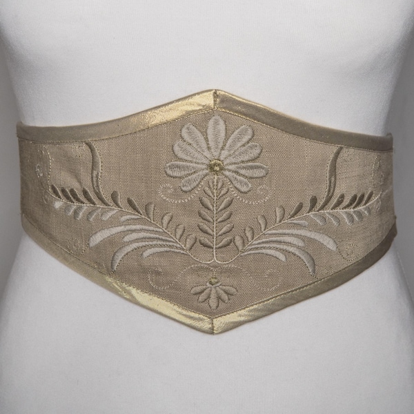 Pas gorsetowy z lnu haftowanego w kolorze beżowym i złotym