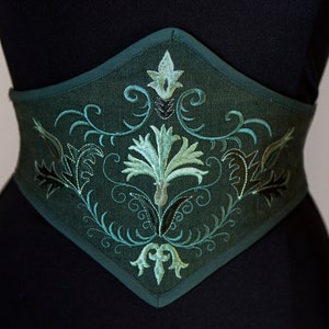Fir green embroidered linen corset belt