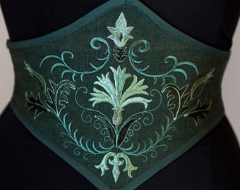 Fir green embroidered linen corset belt