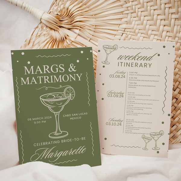 Margs and Matrimony Bachelorette Invitation Template with Itinerary, Green Bach Theme Ideas, Bach Weekend Trip, Bridesmaid Proposal Card
