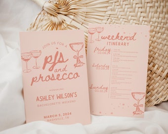 Pjs and Prosecco Bachelorette Invitation Template with Itinerary Champagne Slumber Party Bach Weekend Trip Bridesmaid Proposal Card