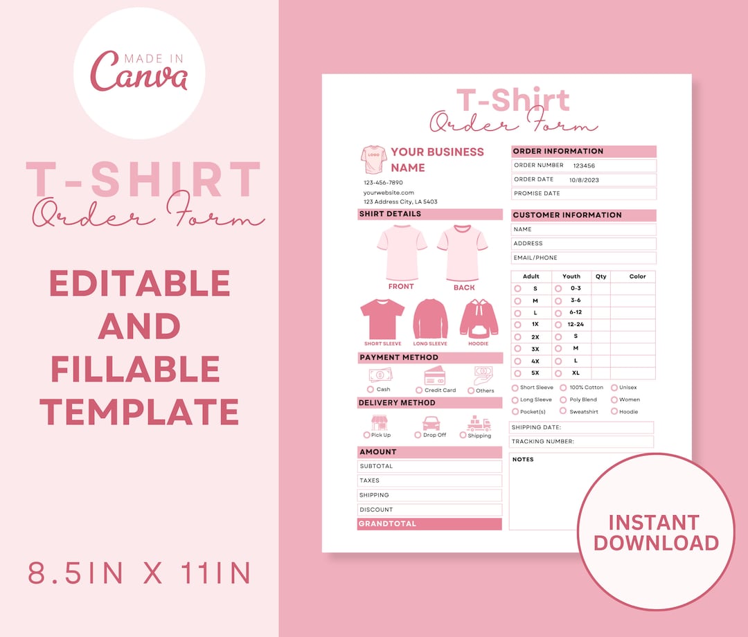 Editable Tshirt Order Form Template Custom T Shirt Order Form, Craft ...