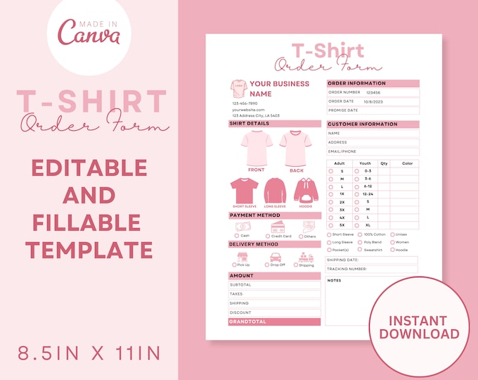 Editable Tshirt Order Form Template Custom T Shirt Order Form, Craft ...