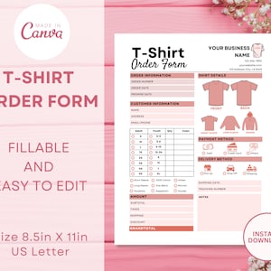 Puede incluir: Un formulario de pedido de camiseta imprimible en rosa y blanco con secciones para la información del pedido, la información del cliente, los detalles de la camiseta, el método de pago, el método de entrega y el importe. El formulario incluye campos para el número de pedido, la fecha del pedido, la fecha prometida, el nombre, la dirección, el correo electrónico/teléfono, la talla para niños, la cantidad, el color, manga corta, manga larga, capucha, efectivo, tarjeta de crédito, otros, recogida, entrega, envío, fecha de envío, número de seguimiento, subtotal, impuestos, envío, descuento y total general.