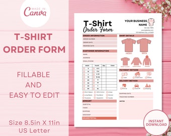 Tshirt Order Form Template - Editable Shirt Order - Custom Canva Template - Tshirt Order Form - Personalized Tee Order Form