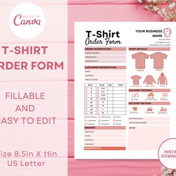 Tshirt Order Form Template - Editable Shirt Order - Custom Canva Template - Tshirt Order Form - Personalized Tee Order Form