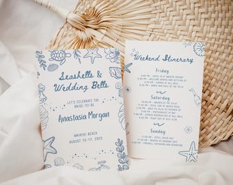 Seashells and Wedding Bells Itinerary Template, Canva Digital Download for Coastal Bachelorette, 30A Girls Trip, Beach Bachelorette Invite