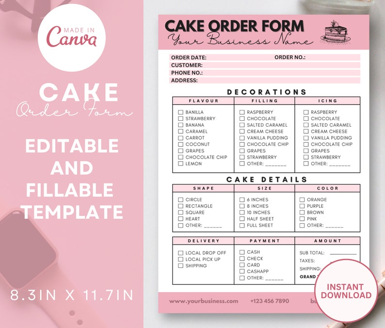 Editable Cake Order Form Template - Bakery Order Form - Custom Order ...