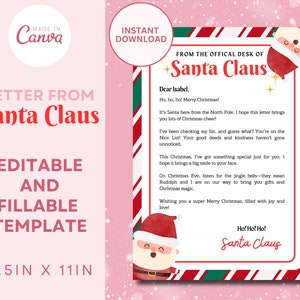 Carta de Santa Navidad Santa Carta Bonita Lista Certificado Editable Santa Carta Descarga Instantánea Plantilla Imprimible SANTA