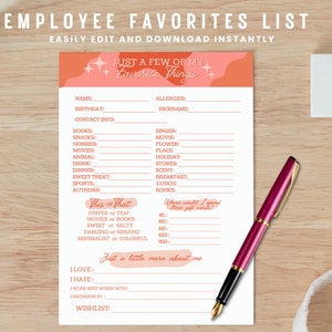 Employee Favorite Things List Printable, Coworker Things Questionnaire, Get to Know your Team Better, All About Me Survey, Teacher Favorites