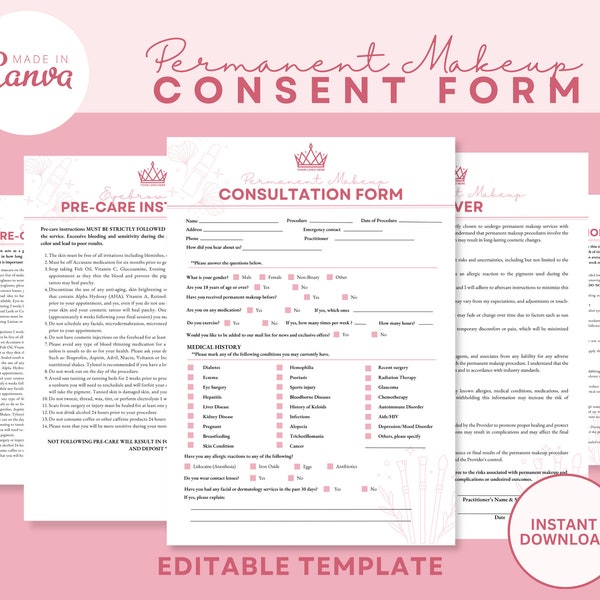 Permanent Makeup Forms Editable PMU Consent Form Template Printable Client Intake Forms PMU Aftercare and Post-Care Beauty Salon Forms