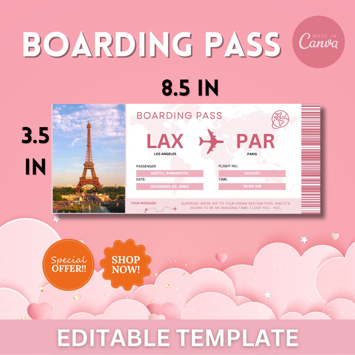 Editable Boarding Ticket Template Surprise Airline Gift Modern Design
