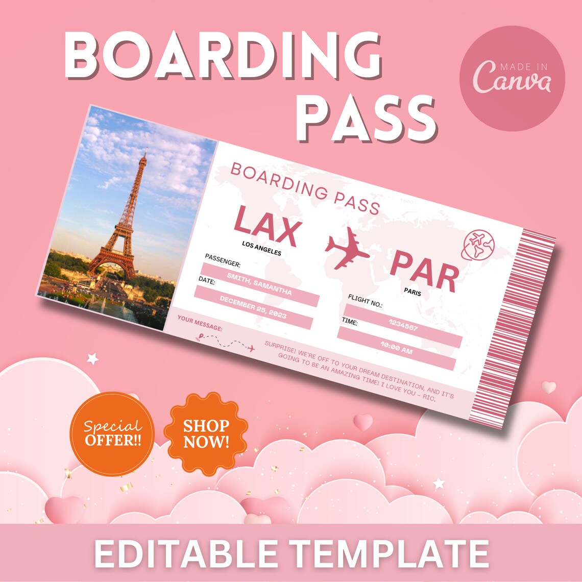 Editable Boarding Ticket Template Surprise Airline Gift Modern Design