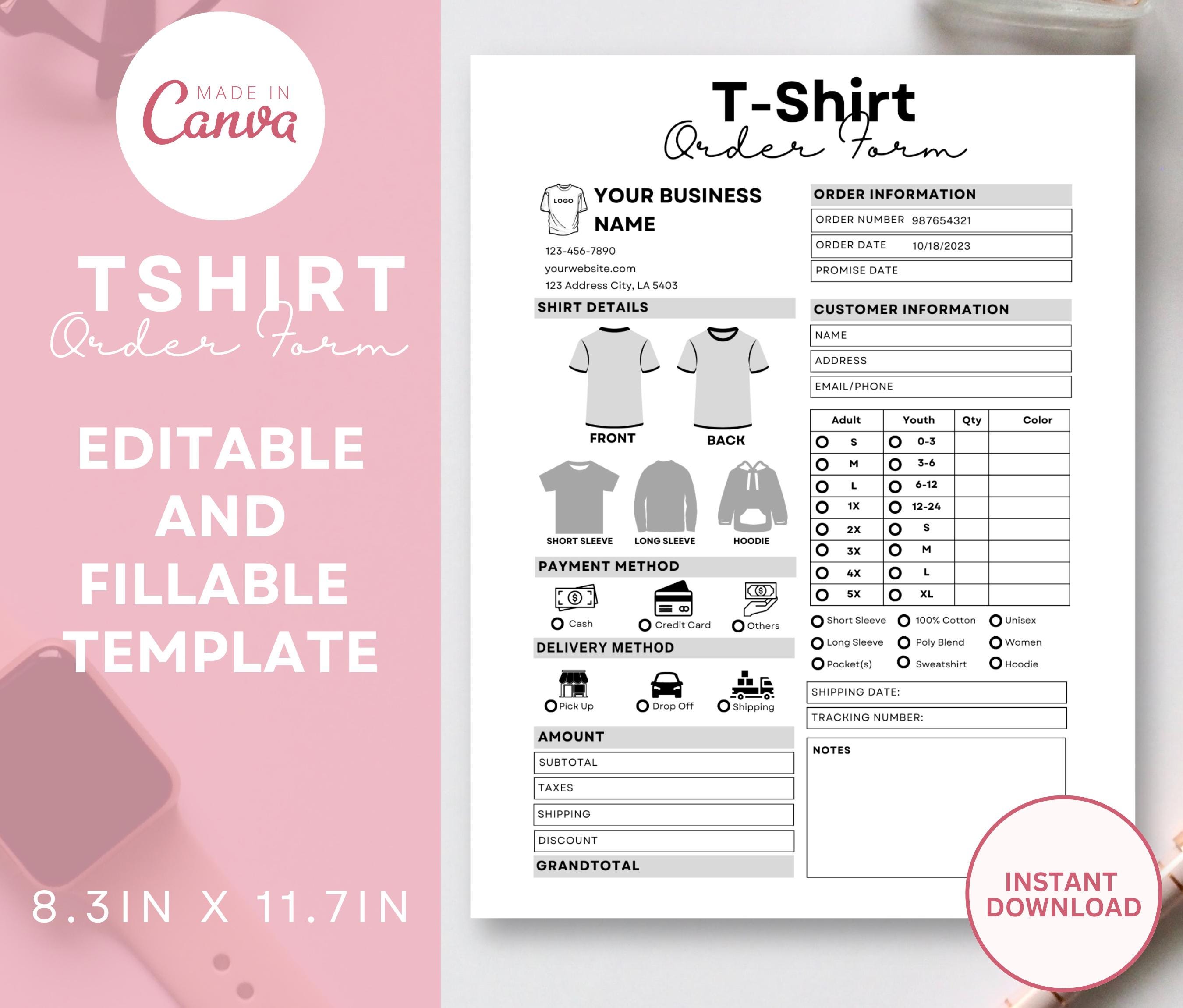 Editable Tshirt Order Form Template Custom T Shirt Order Form, Craft ...