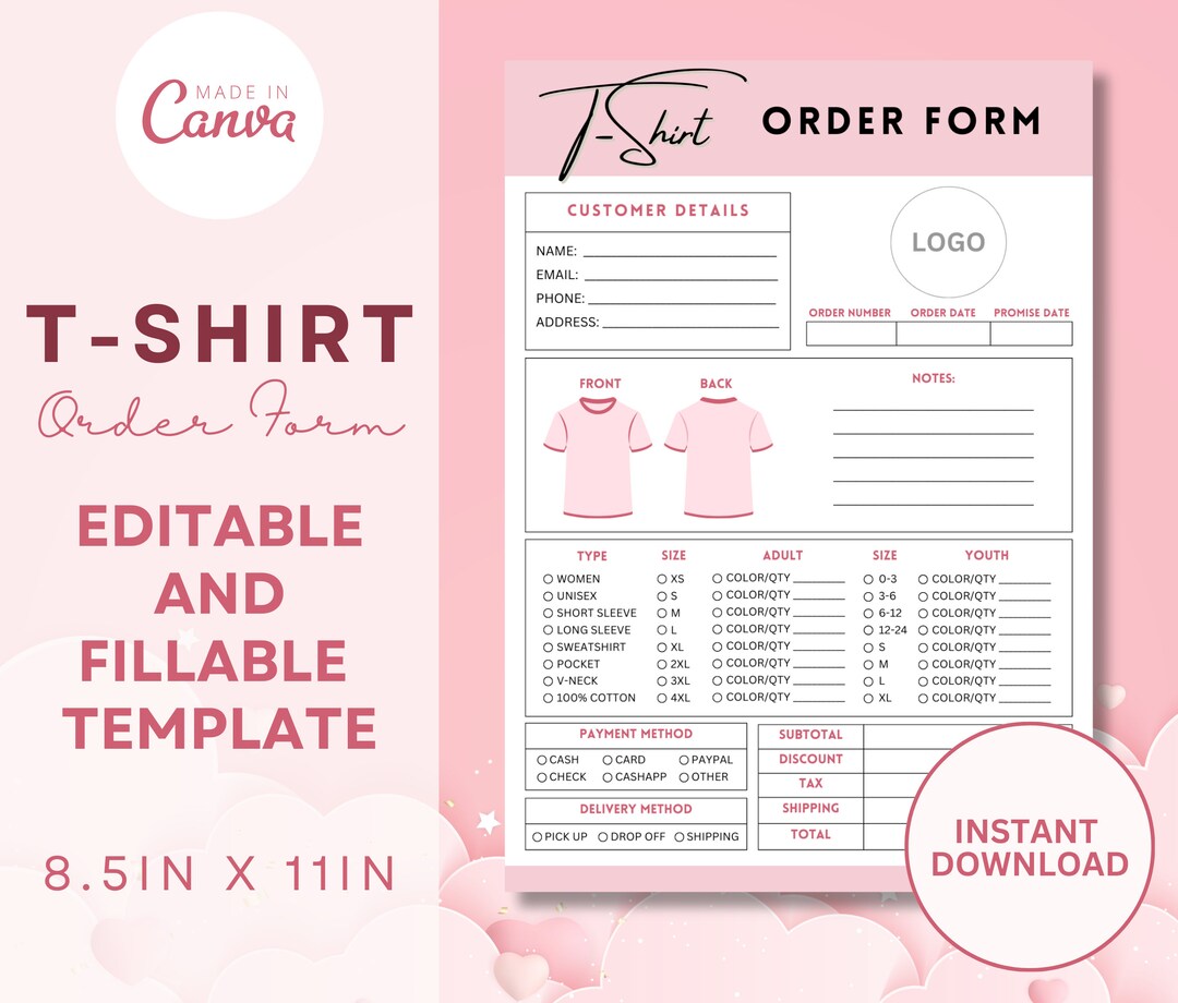 Tshirt Order Form Template - Editable Shirt Order - Custom Canva ...