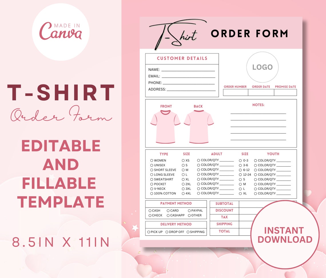Tshirt Order Form Template - Editable Shirt Order - Custom Canva ...