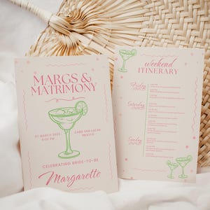 Plantilla de invitación para despedida de soltera de Margs and Matrimony con itinerario Ideas temáticas de despedida de soltera en rosa y verde Viaje de fin de semana de despedida de soltera Tarjeta de propuesta de dama de honor