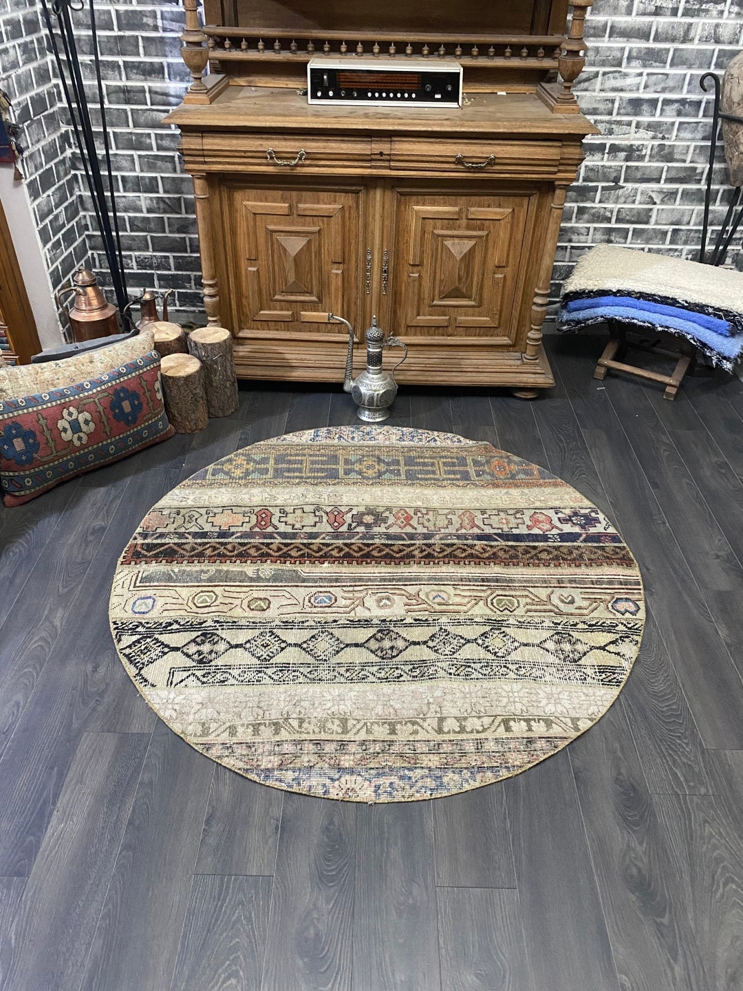 Turkish Round Rug , Beige Neutral Round Rug , Round Entry Rug , Round