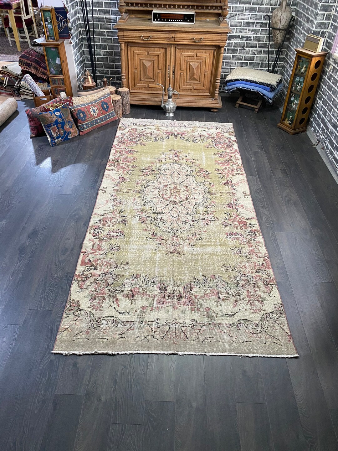 Green Turkish Rug, Green Vintage Rug, Large Rug, Oushak Rug, Wool Antique Rug, Flower Turkish